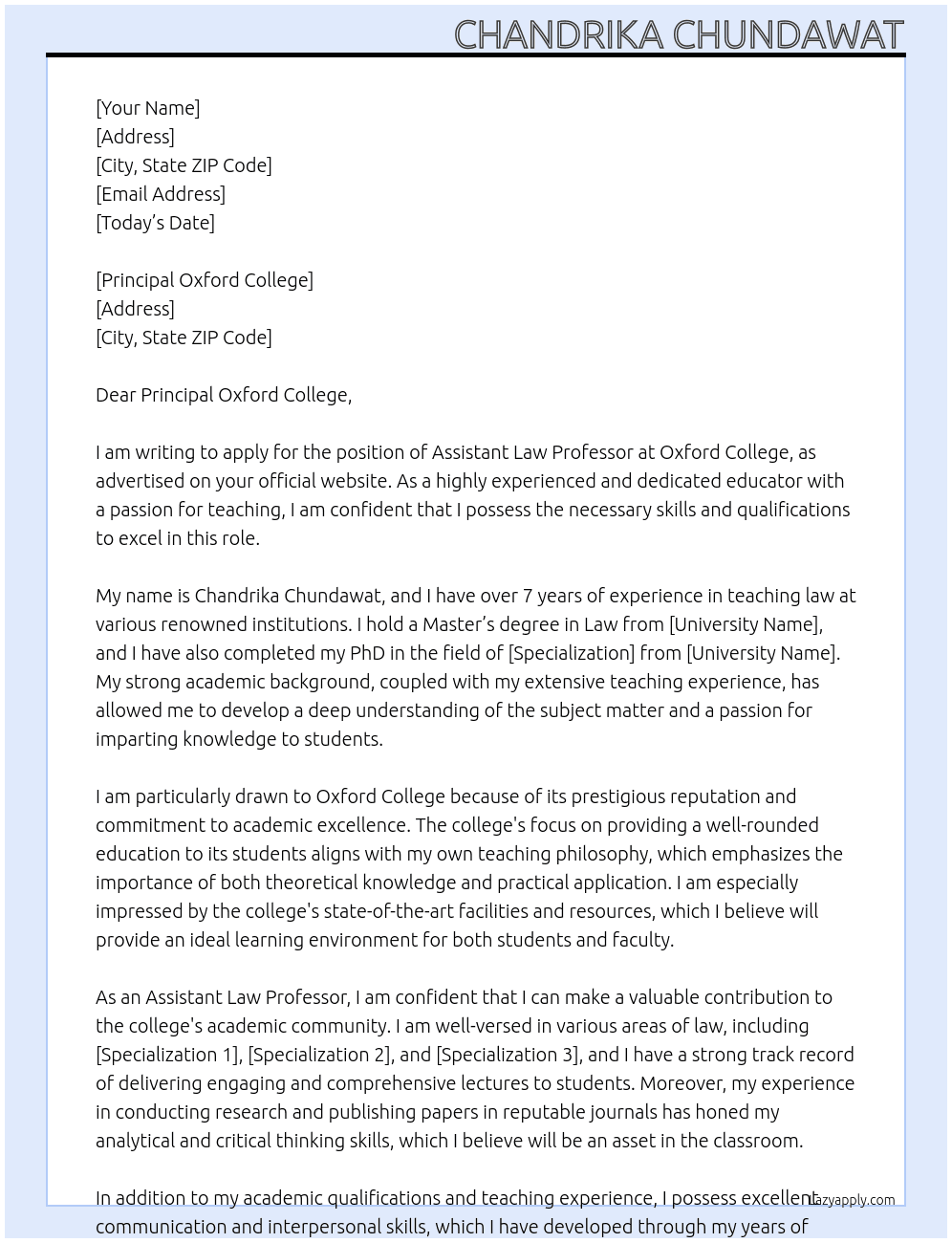 Assistant law professor  At Oxford college  Cover Letter