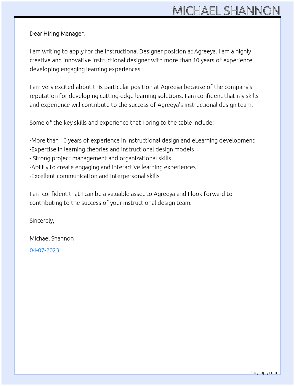 Instructional Designer At Agreeya Cover Letter