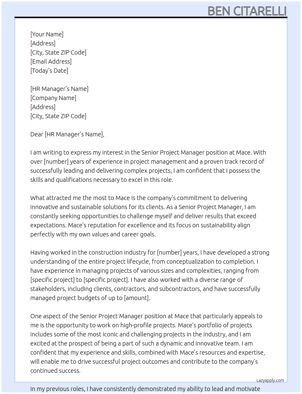senior project manager At Mace Cover Letter