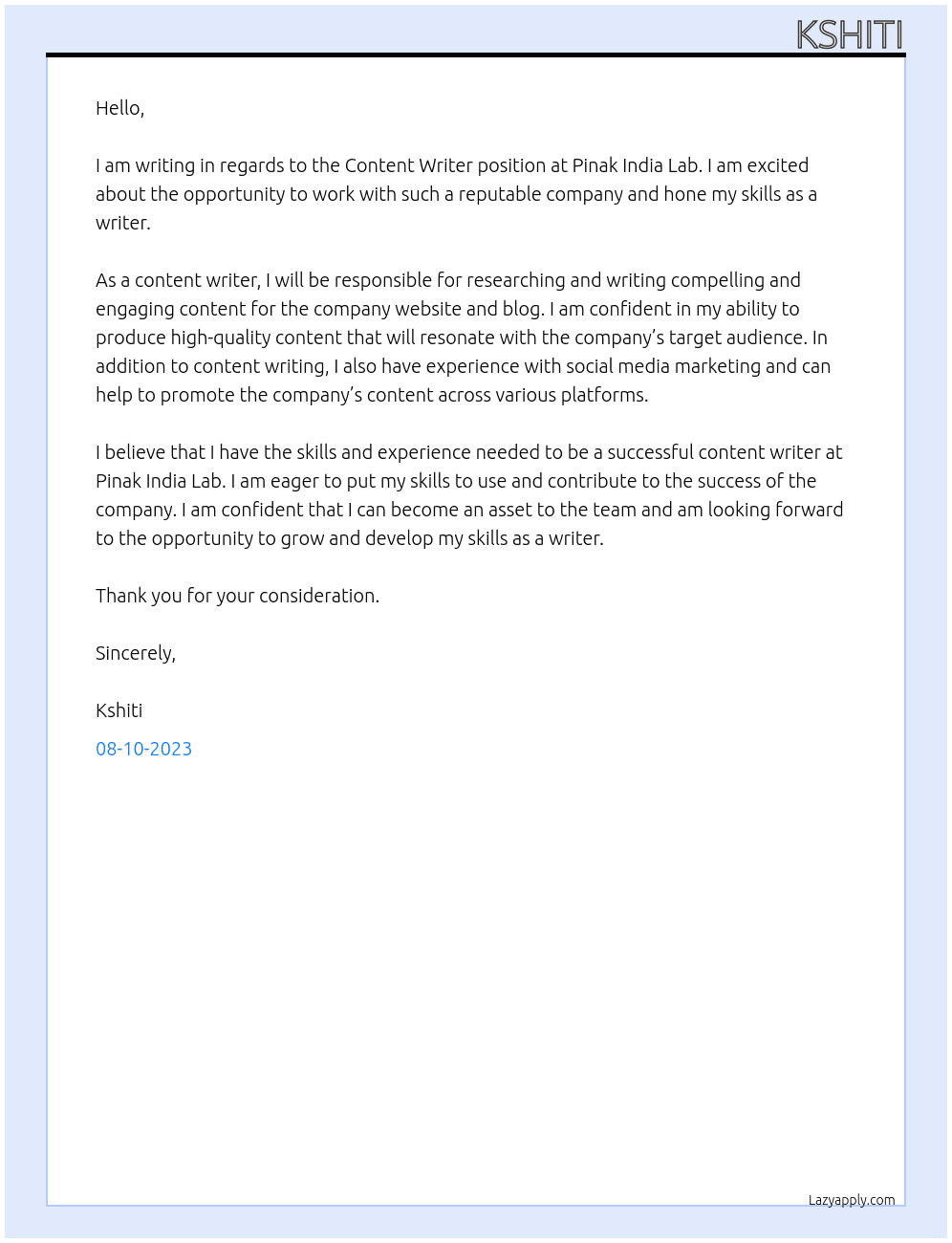 content writer At Pinak India Lab Cover Letter