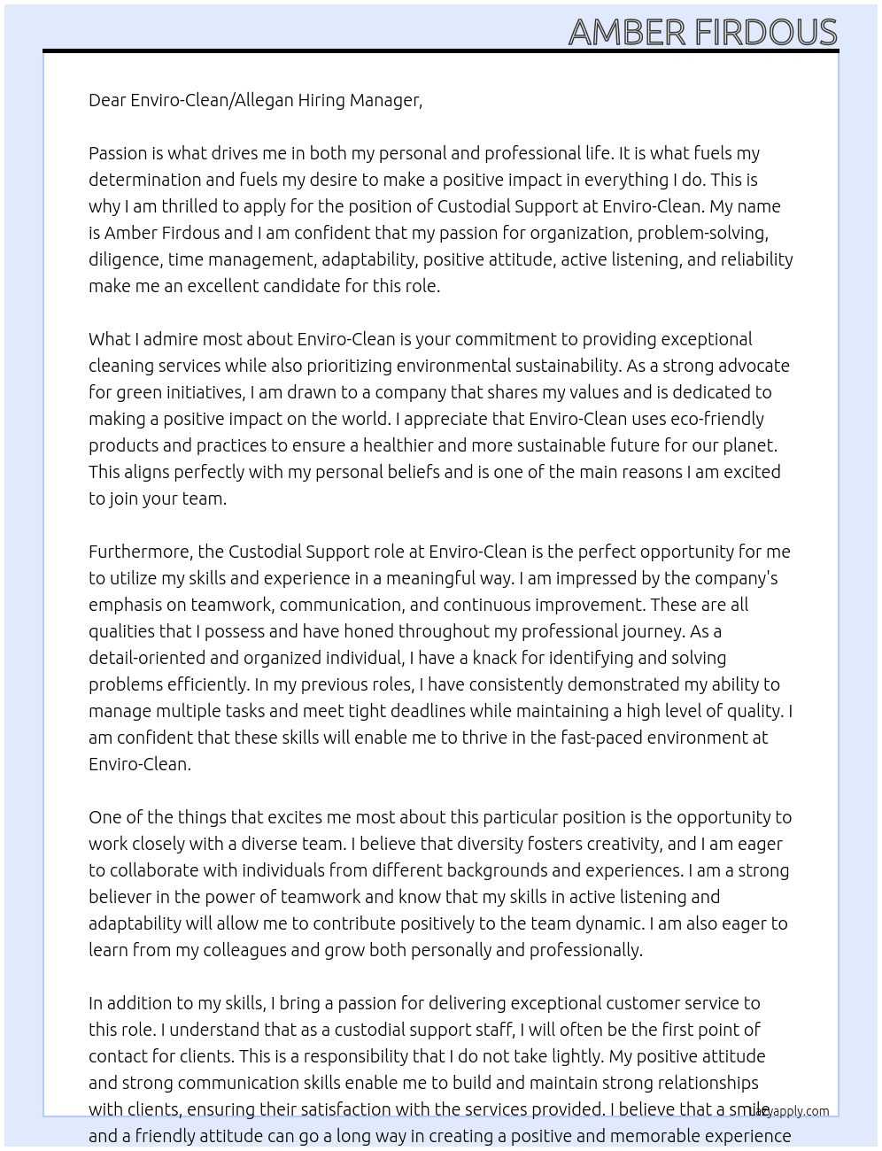 Custodial Support At Enviro-Clean Cover Letter