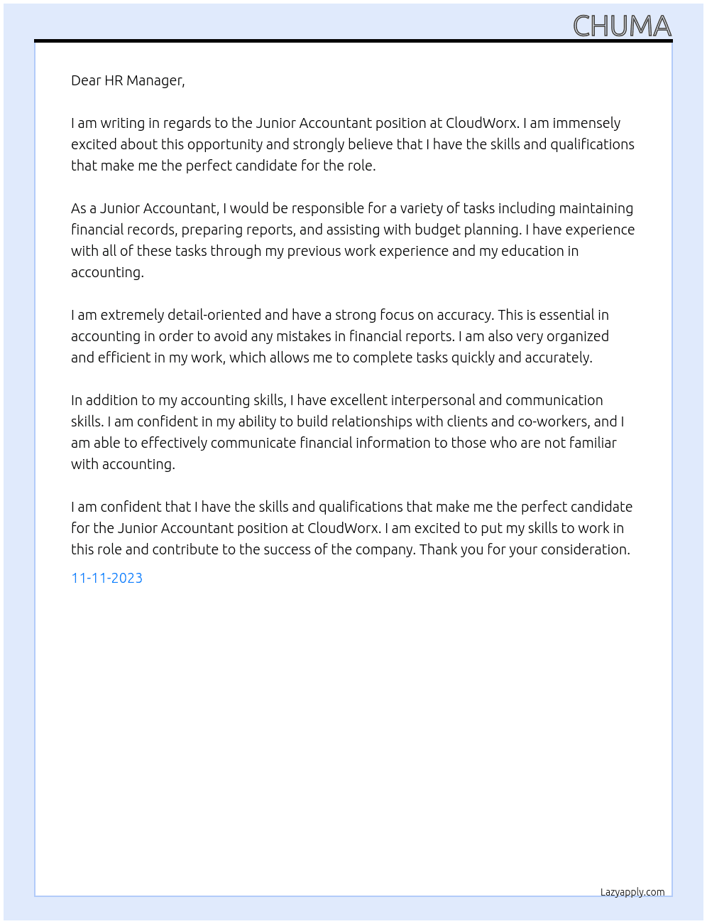 Junior Accountant  At CloudWorx Cover Letter