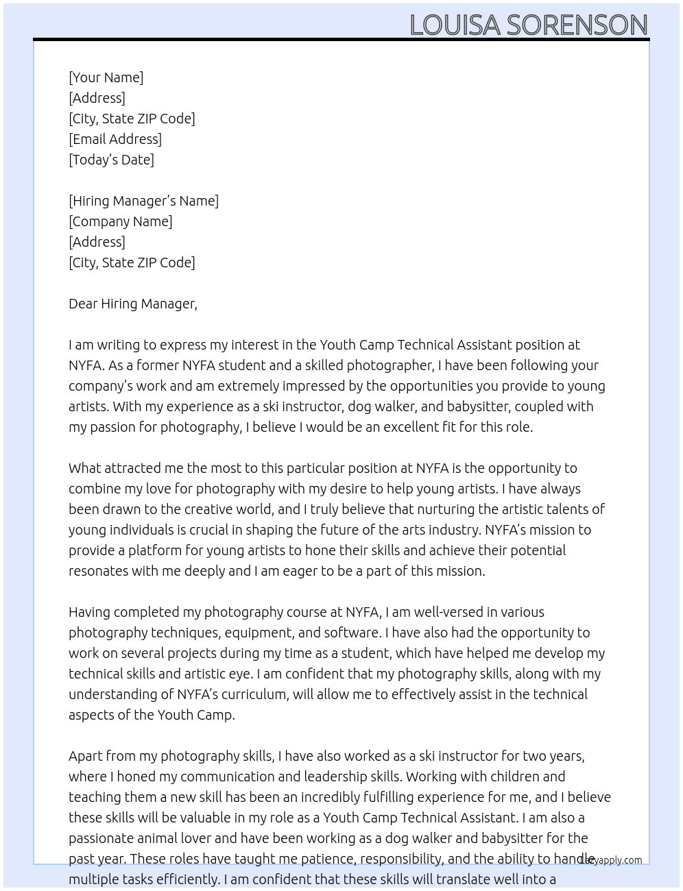 Youth Camp Technical Assistant At NYFA Cover Letter