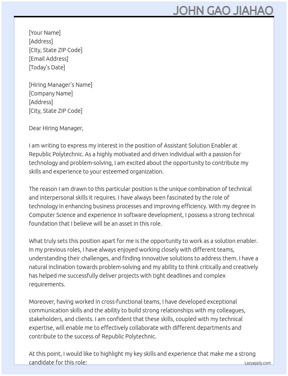Assistant Solution Enabler At Republic Polytechnic Cover Letter
