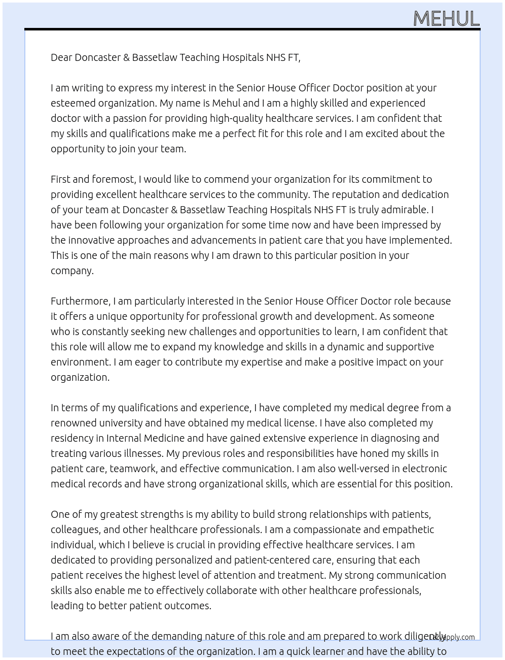 senior house officer doctor At Doncaster & Bassetlaw Teaching Hospitals NHS FT Cover Letter