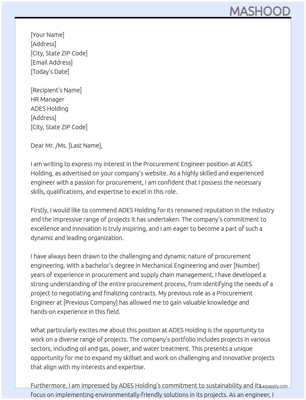 Procurement Engineer At ADES Holding Cover Letter