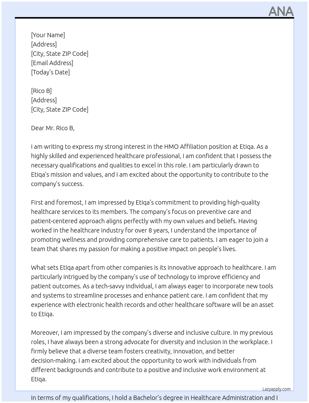 HMO affiliation At Etiqa Cover Letter