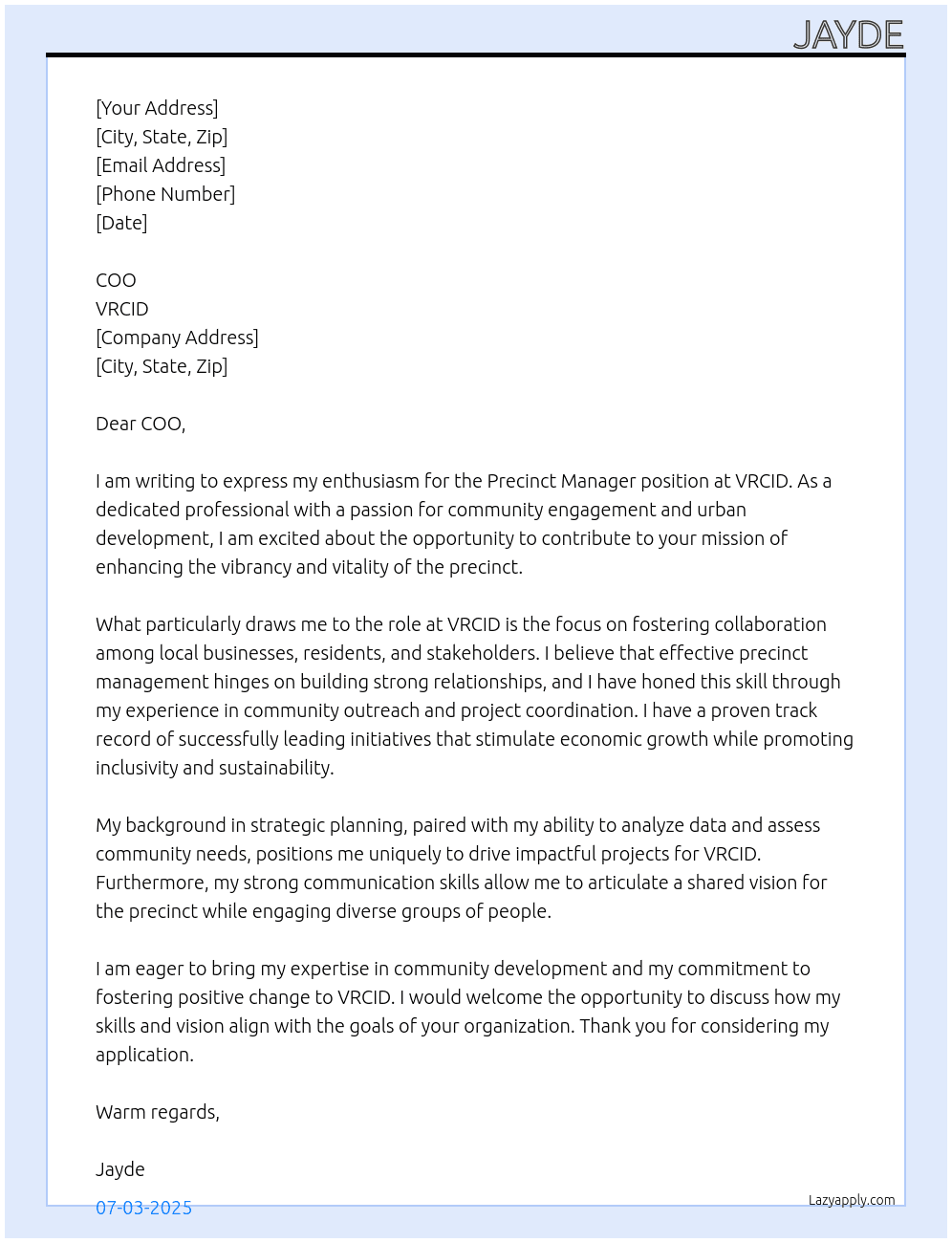 Precinct manager At VRCID Cover Letter