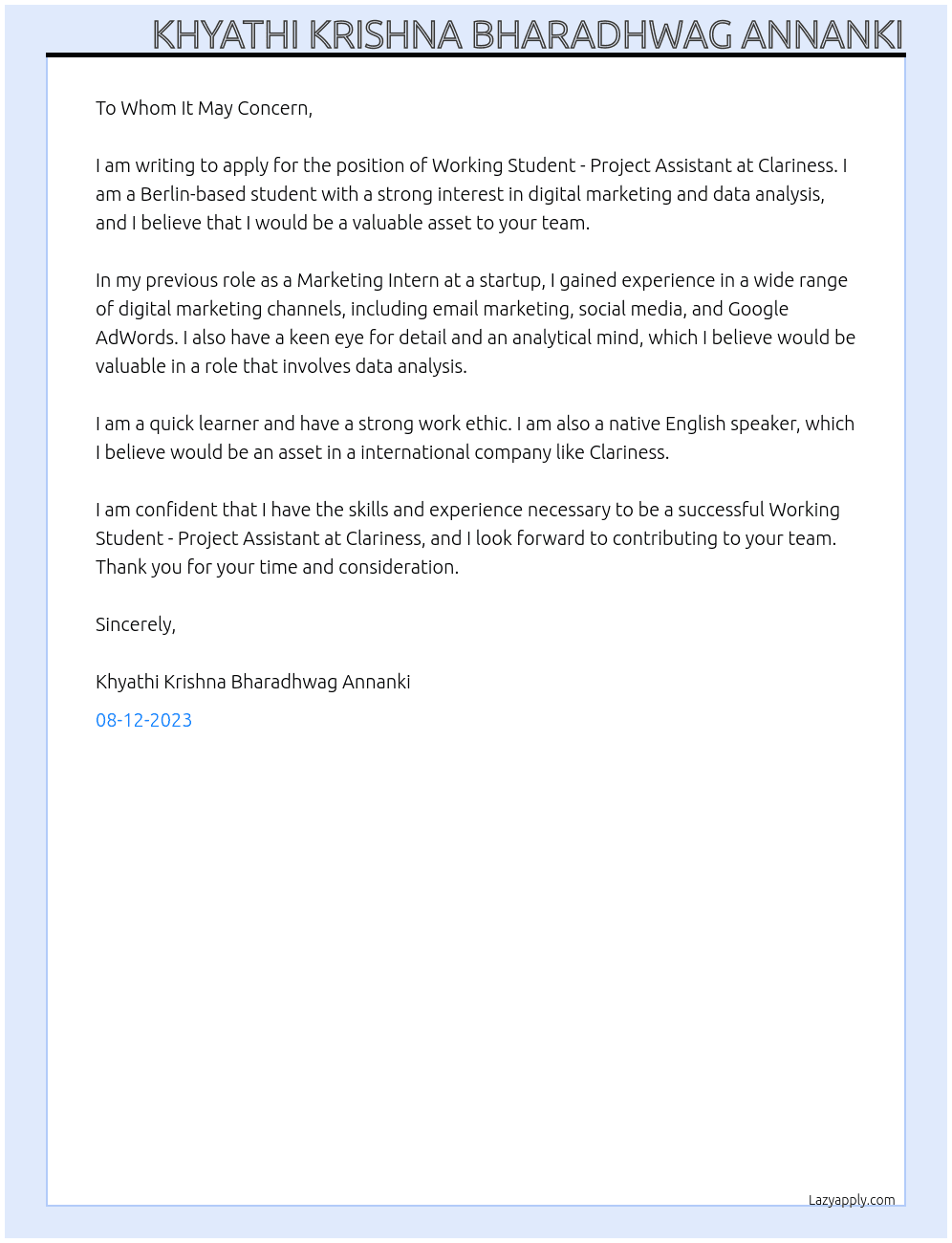 Working Student - Project Assistant  At Clariness Cover Letter