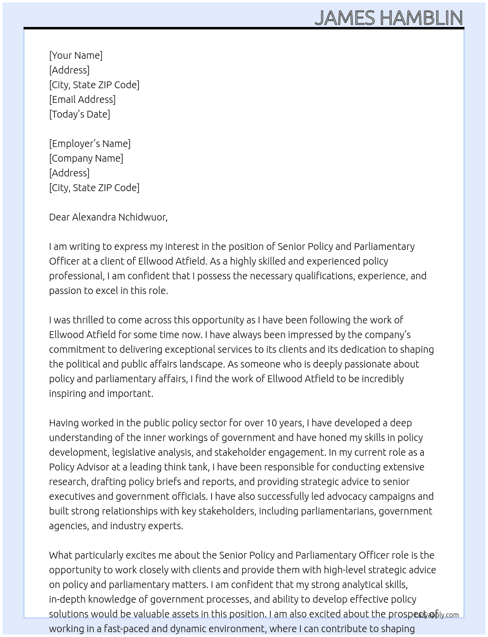 Senior Policy and Parliamentary Officer At A Client of Ellwood Atfield Cover Letter