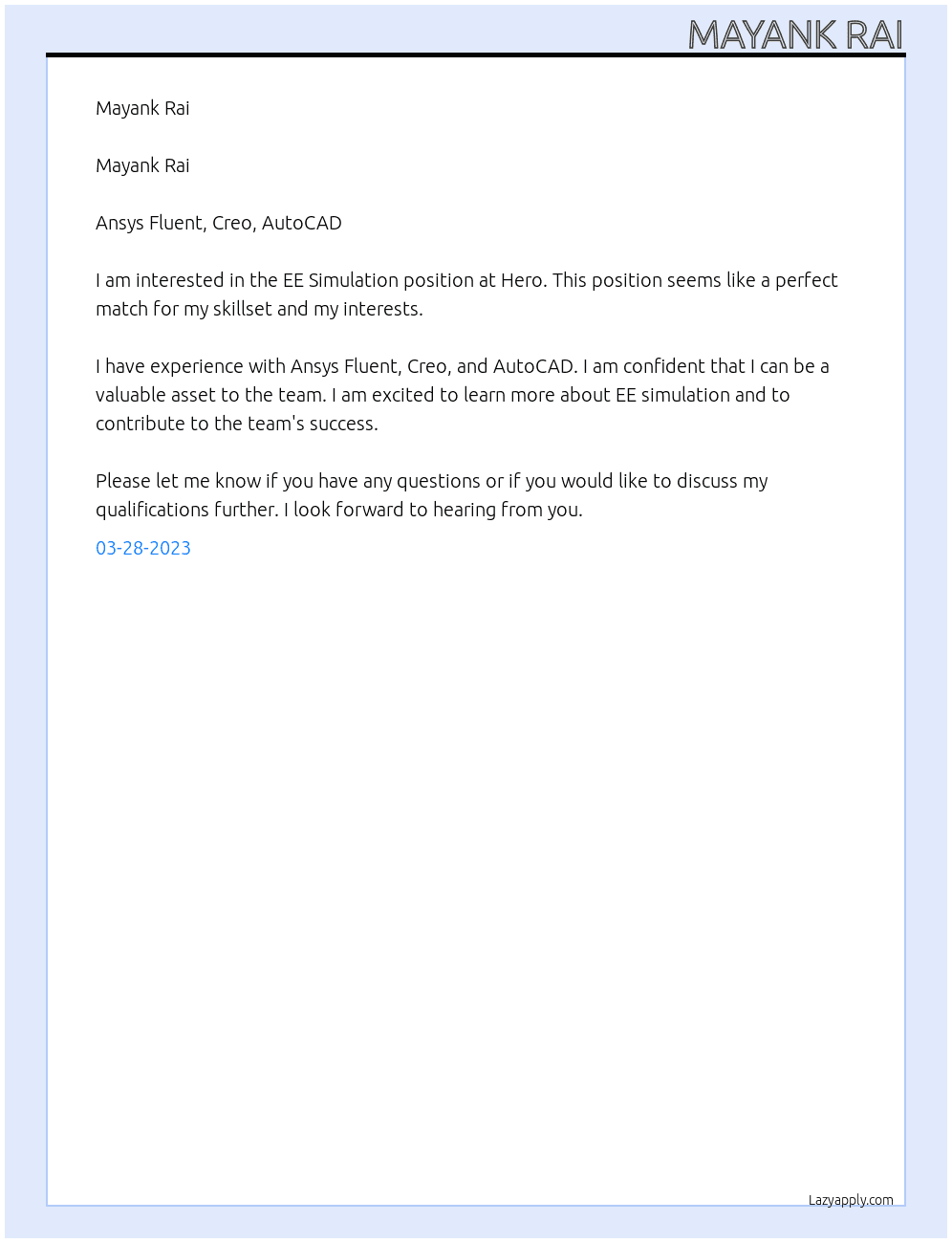 EE Simulation At Hero Cover Letter