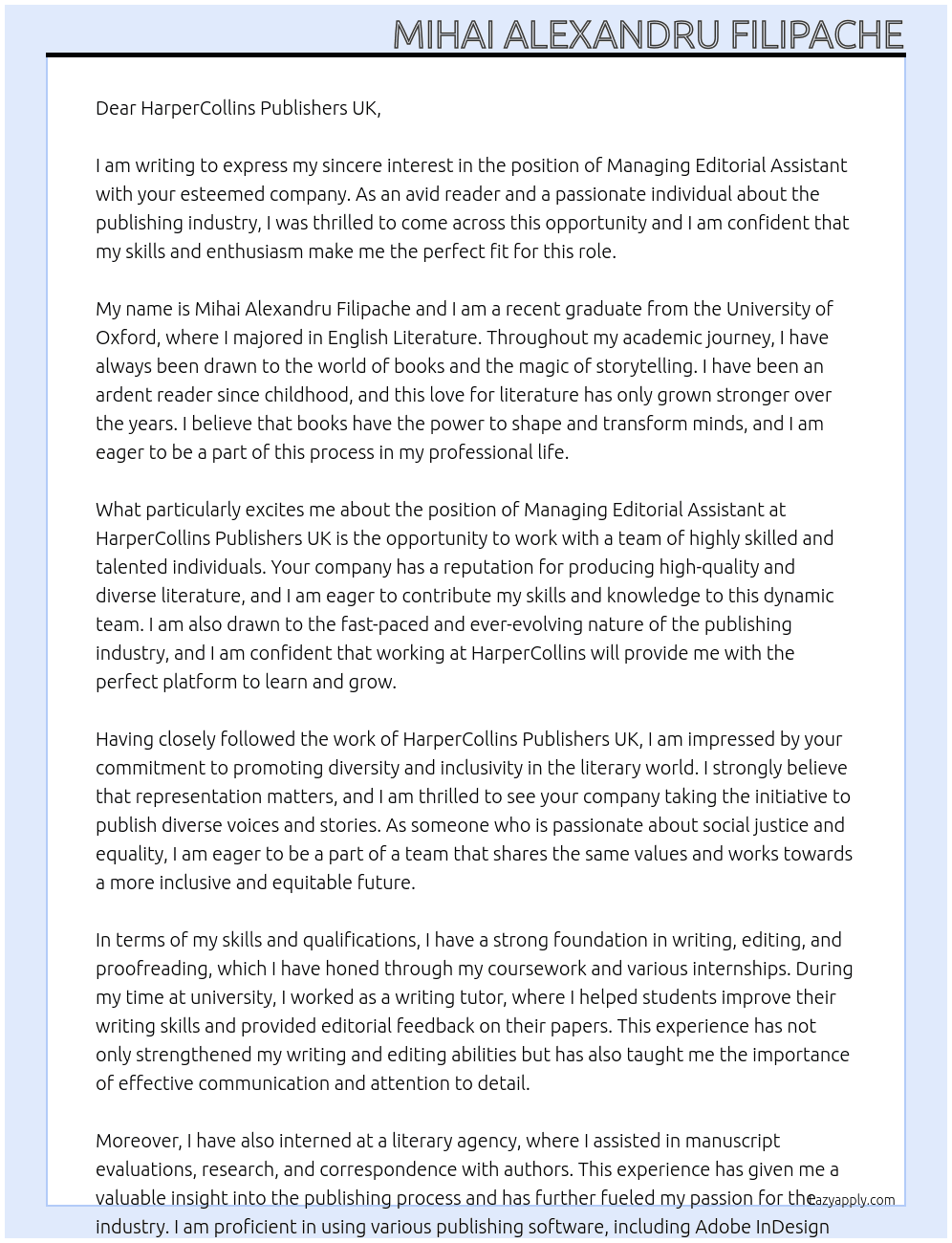 Managing editorial assistant At HarperCollins Publishers UK Cover Letter