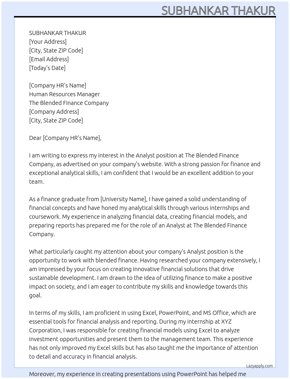 Analyst At The Blended Finance Company Cover Letter