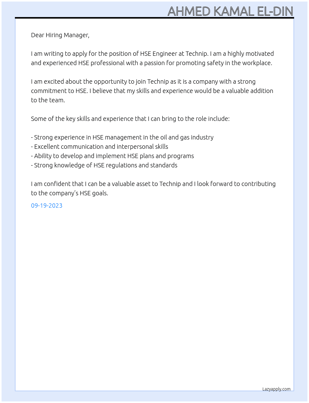HSE Engineer At Technip  Cover Letter