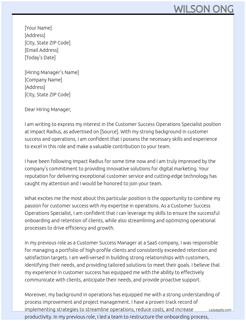 Cover letter for customer success operations specialist - LazyApply