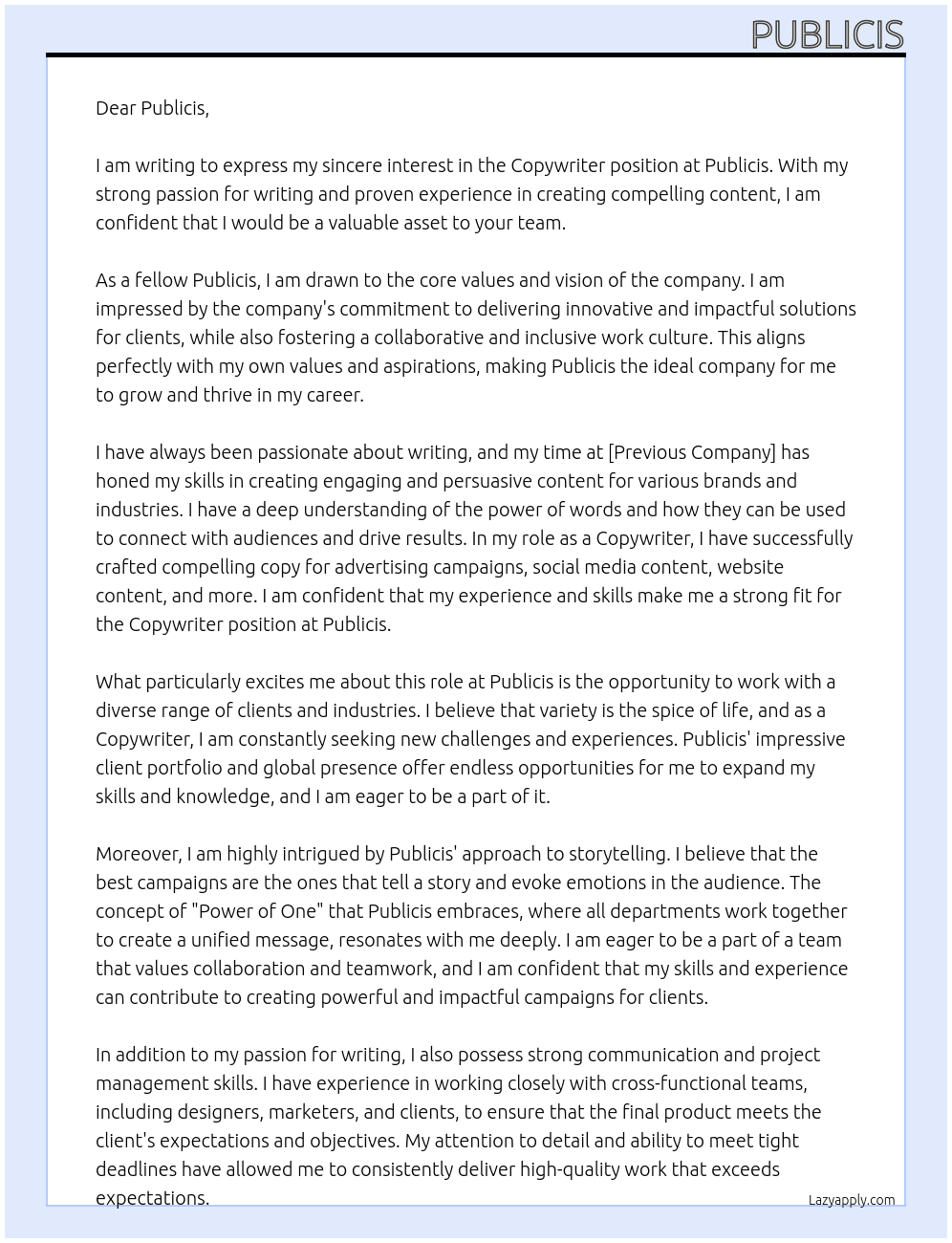 Copywriter At Publicis Cover Letter