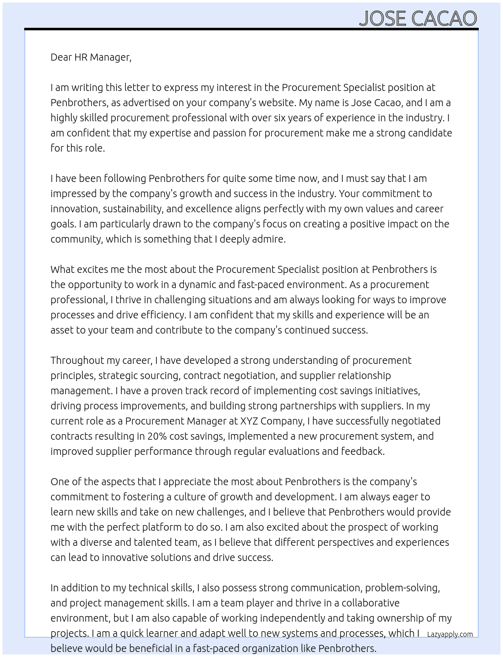 Procurement Specialist At Penbrothers Cover Letter