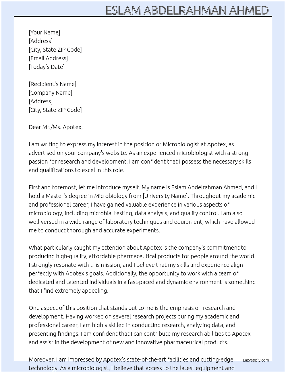 Microbiologist  At Apotex Cover Letter