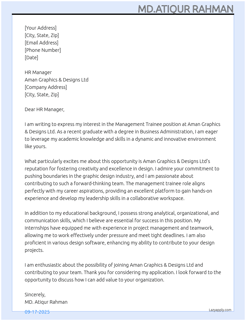 Management Trainee At Aman Graphics & Designs Ltd Cover Letter