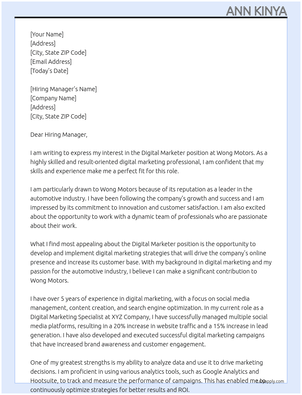 Digital Marketer At Wong Motors Cover Letter