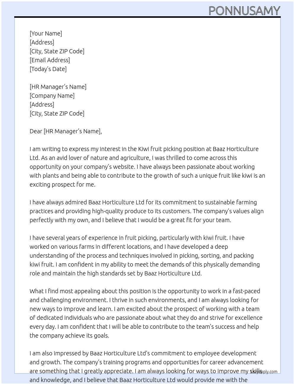 Kiwi fruit picking  At BAAZ HORTICULTURE LTD Cover Letter