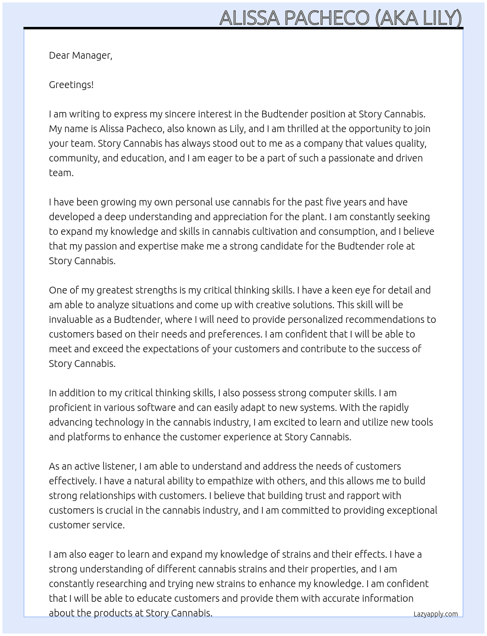 Budtender At Story Cannabis Cover Letter