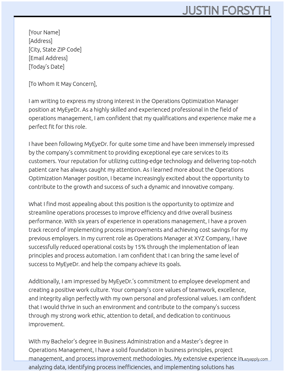 Operations Optimization Manager At MyEyeDr. Cover Letter