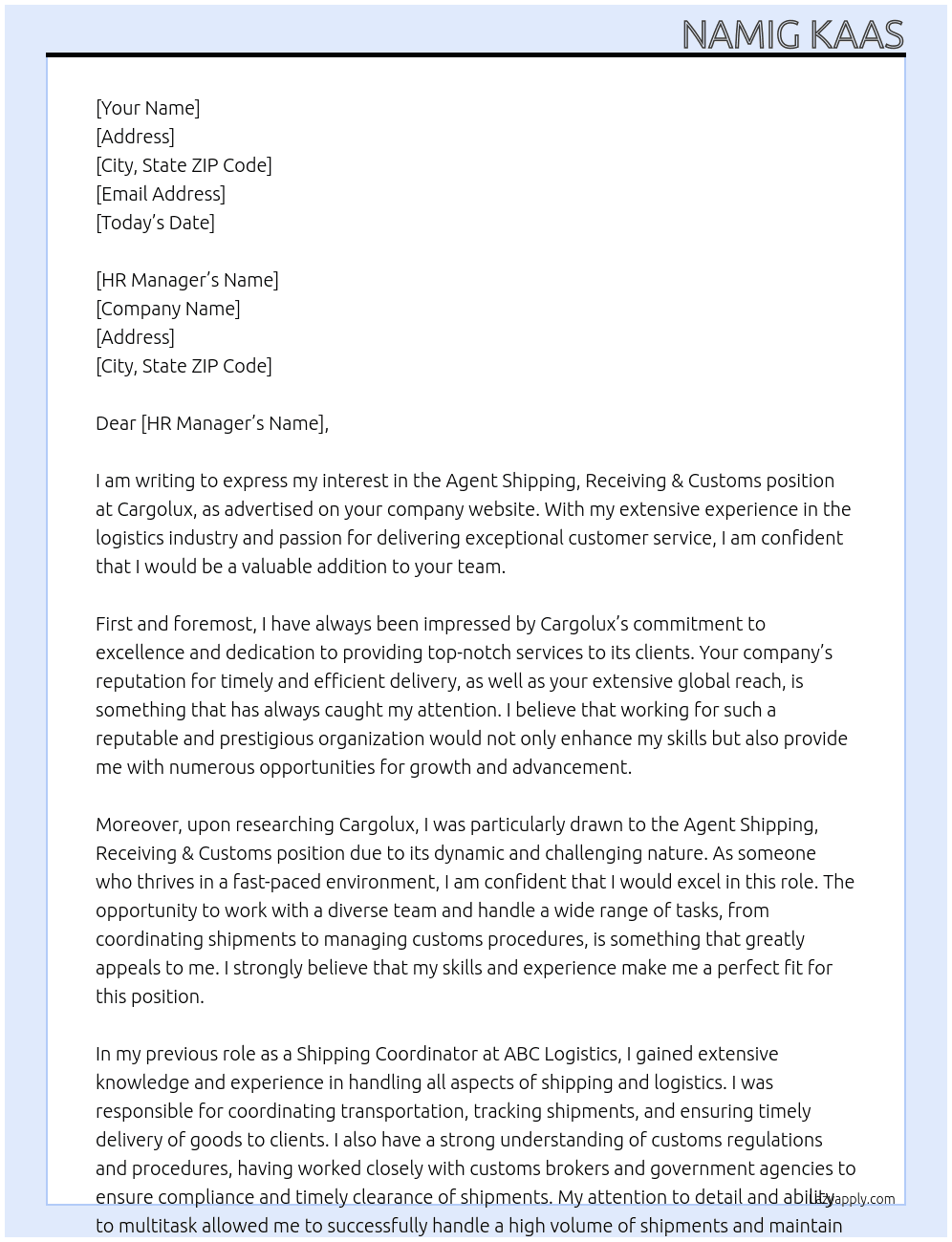 Agent Shipping, Receiving & Customs At Cargolux Cover Letter