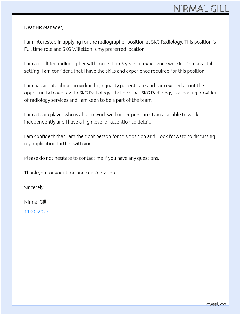 radiographer At SKG Radiology Cover Letter