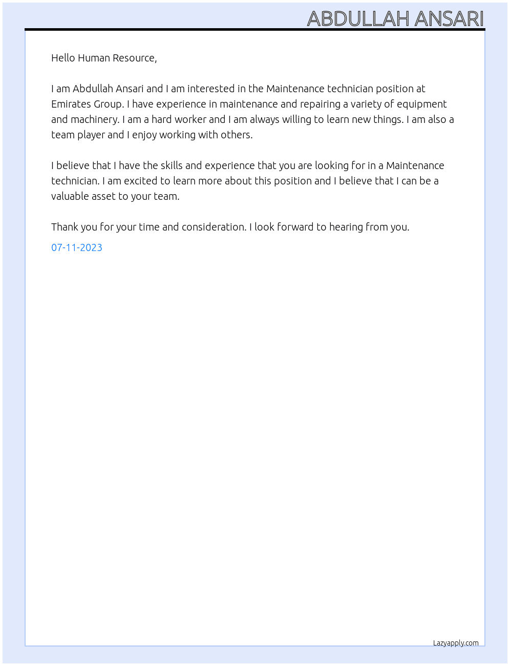 Maintenance technician  At Emirates Group Cover Letter