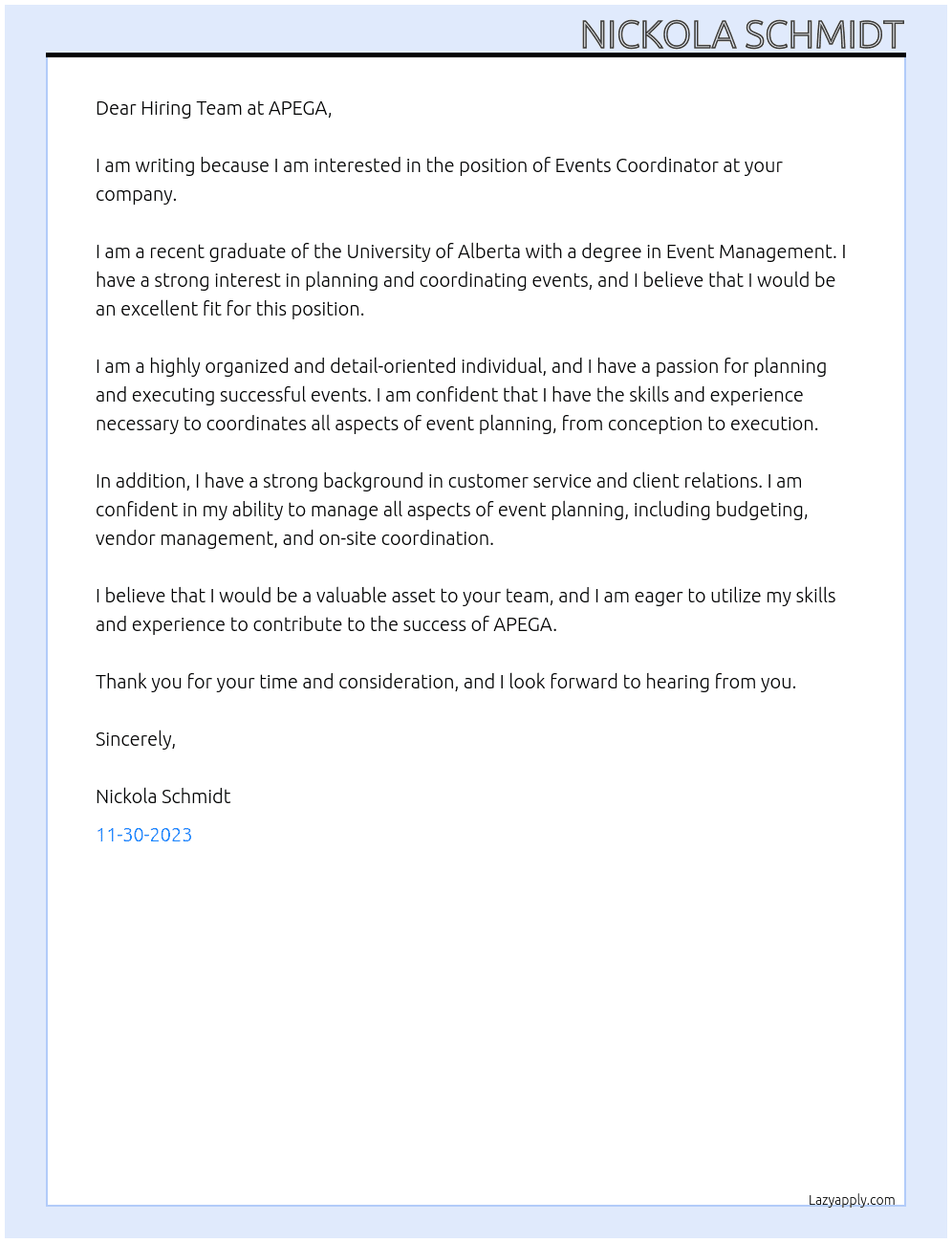 Events Coordinator At Association of Professional Engineers and Geoscientists of Alberta Cover Letter