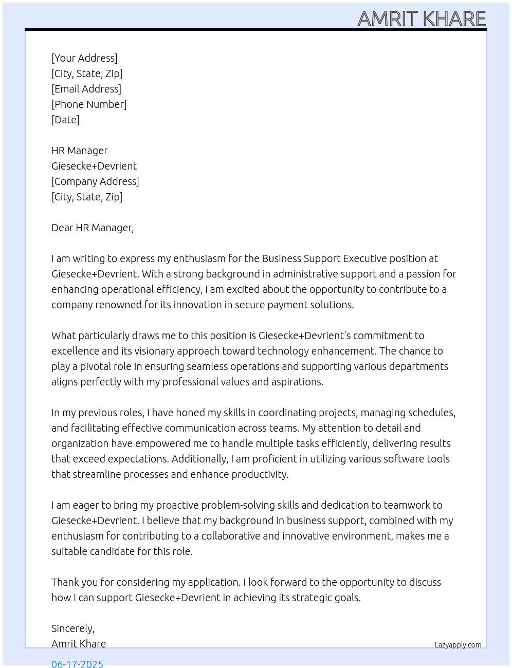 Business Support Executive At Giesecke+Devrient Cover Letter