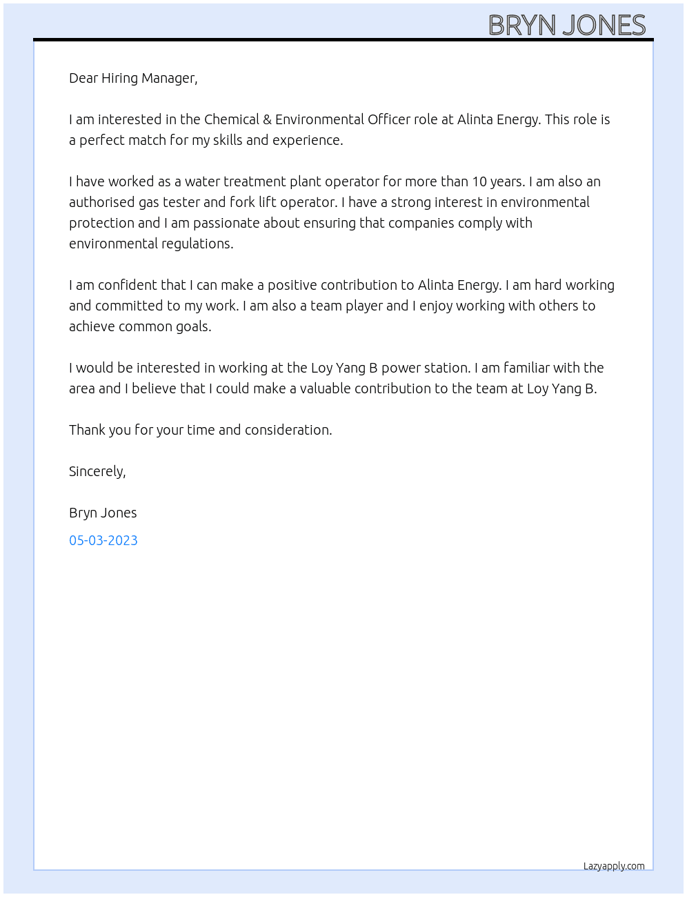 Chemical & environmental officer At Alinta energy Cover Letter