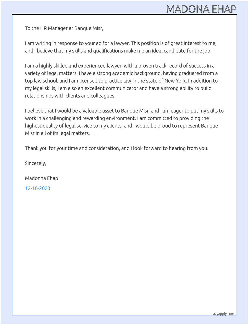 Lawyer  At Banque Misr  Cover Letter