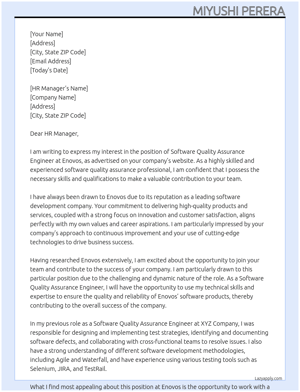 Software Quality Assurance Engineer At Enovos Cover Letter