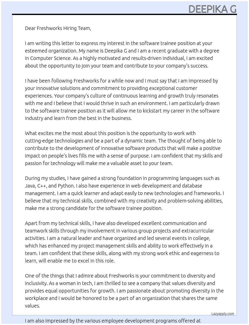 software trainee At Freshworks Cover Letter