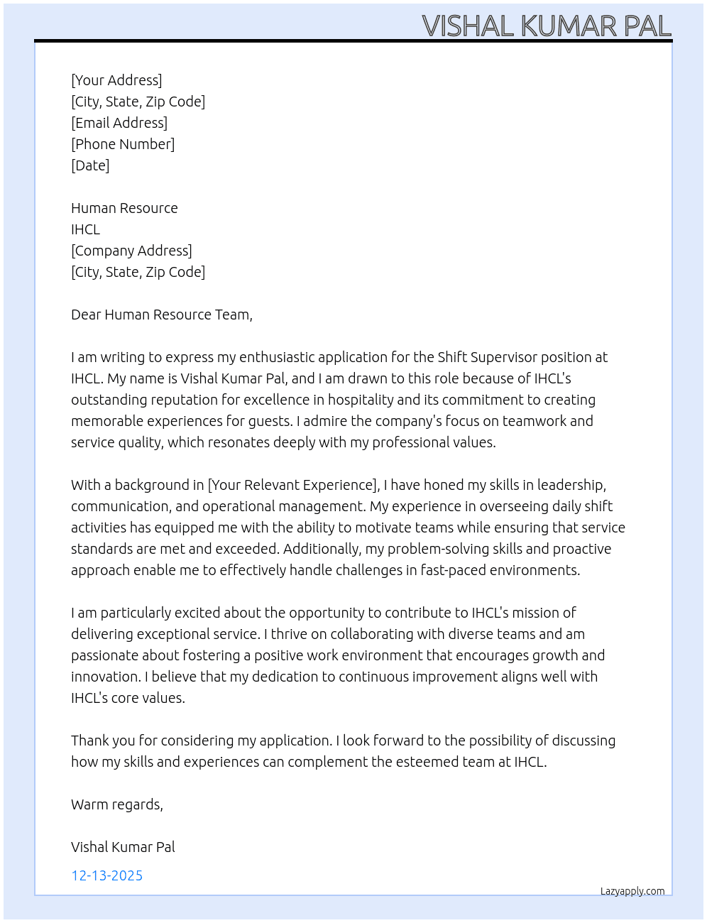 Cover letter for shift supervisor - LazyApply