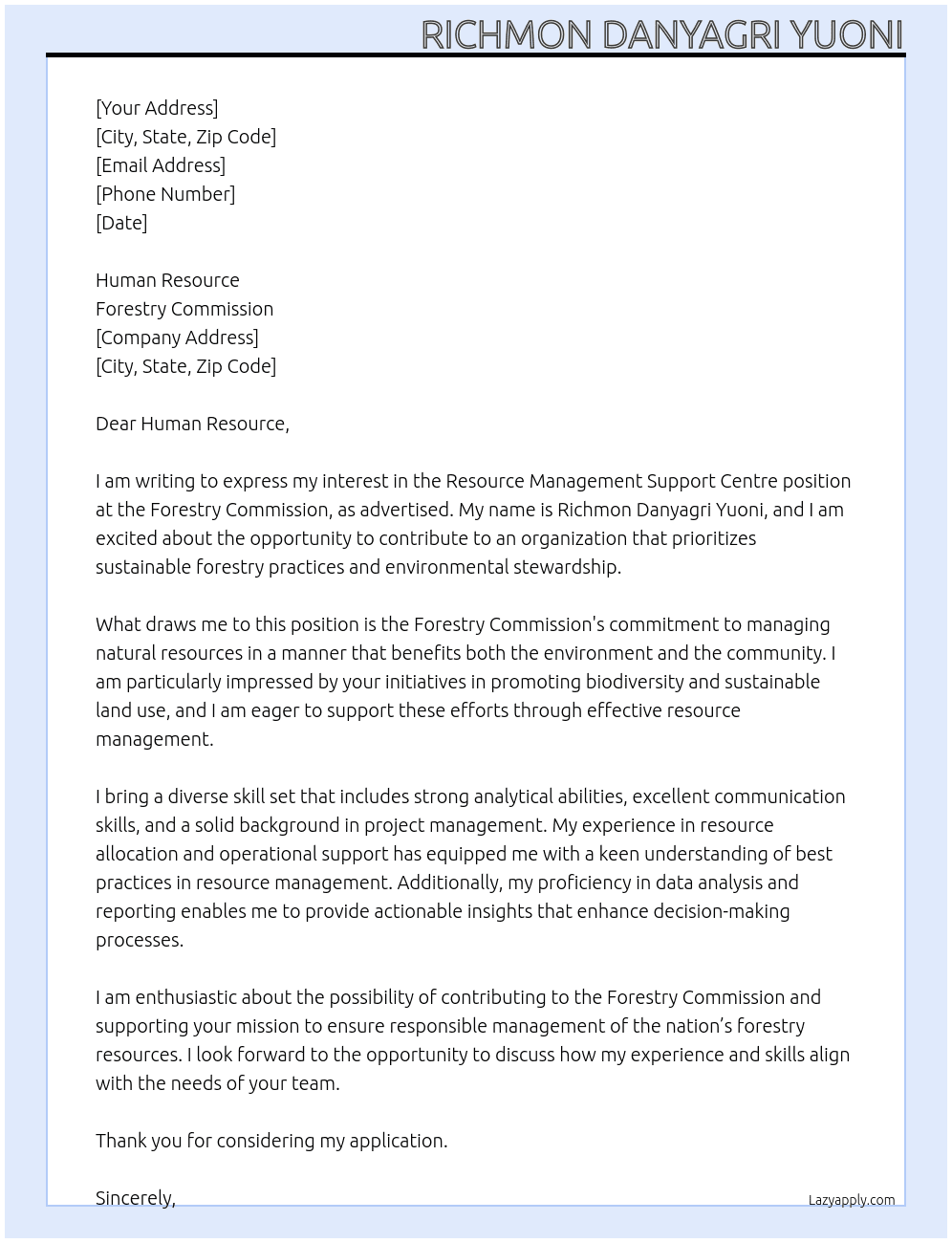 Cover letter for resource management  support centre - LazyApply