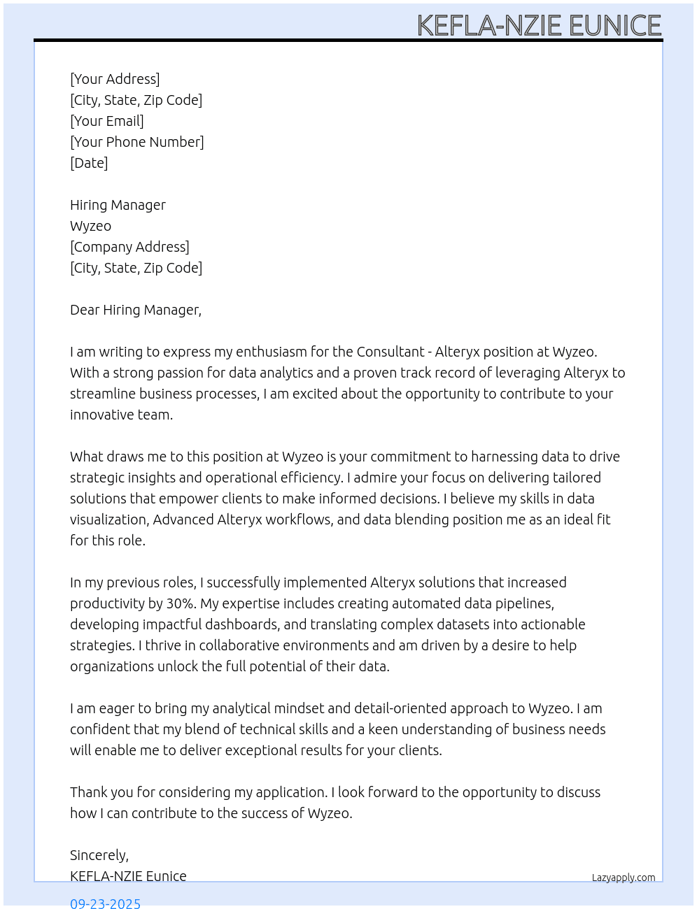 Consultant Alteryx At Wyzeo Cover Letter