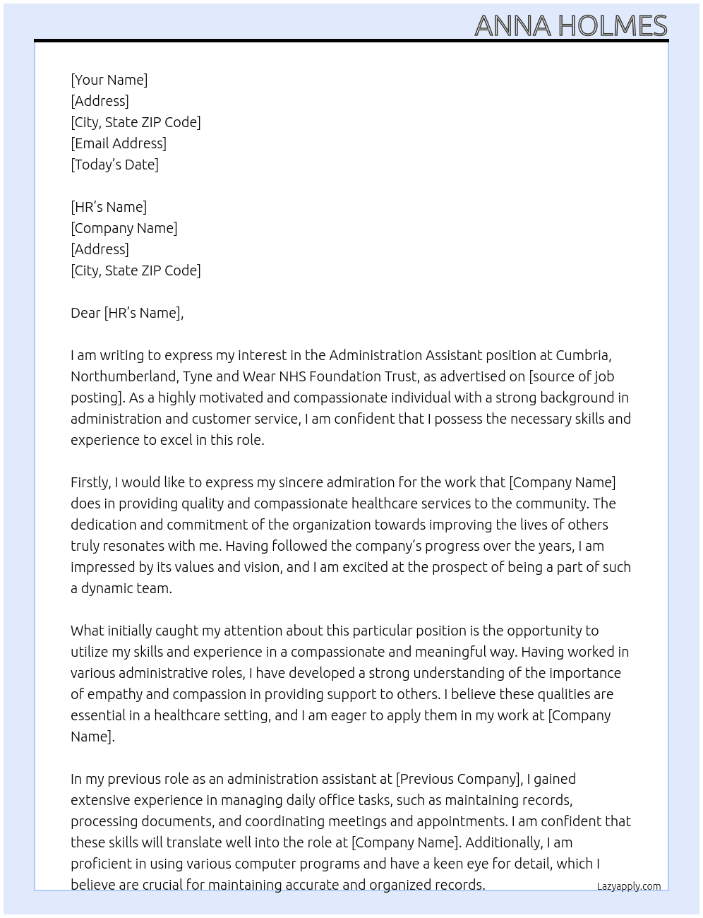 Administration Assistant At Cumbria, Northumberland, Tyne and Wear NHS Foundation Trust Cover Letter