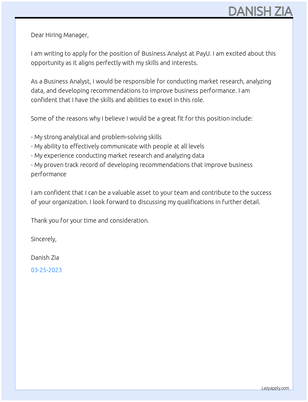 business analyst At Pay u Cover Letter