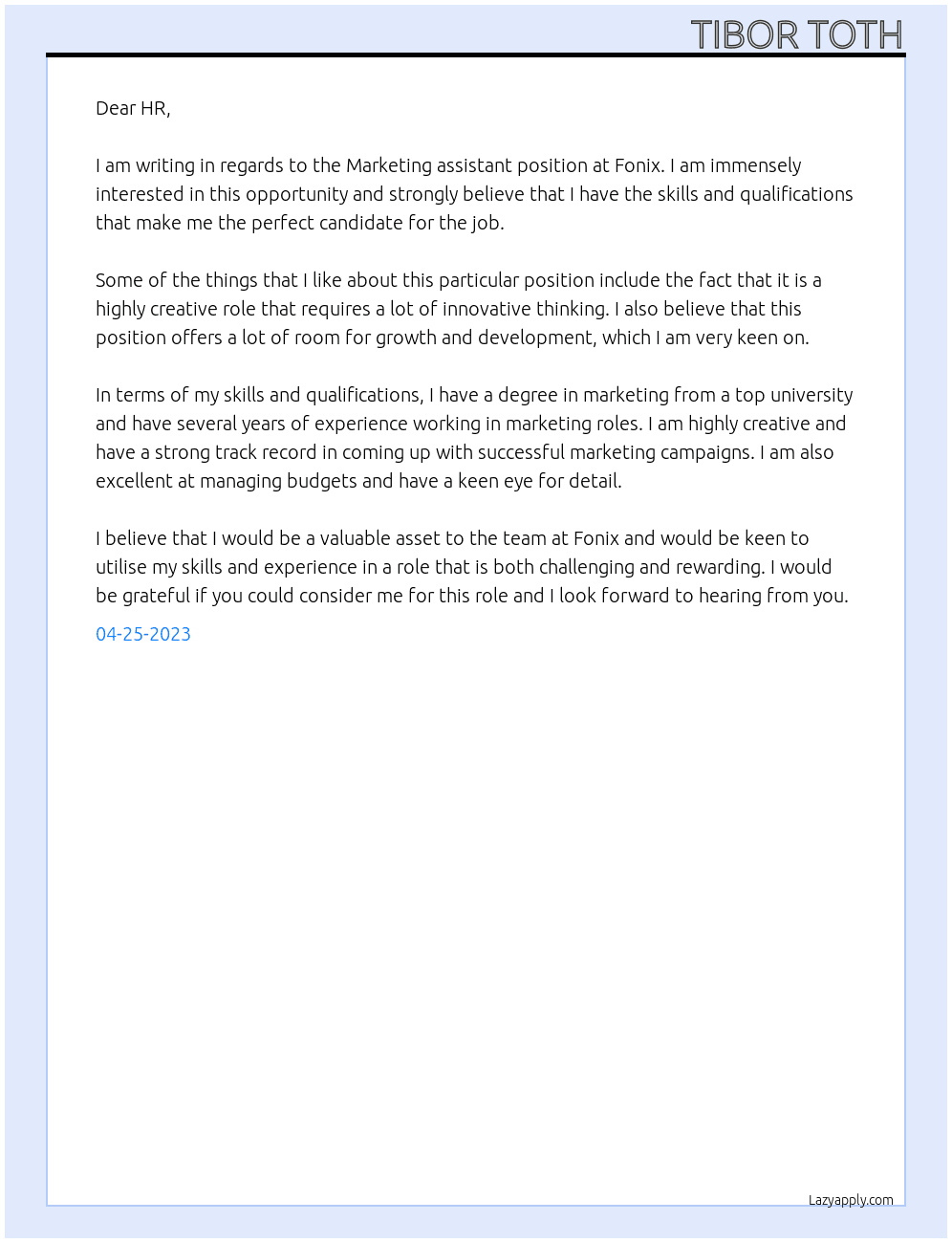 Marketing assistant At Fonix Cover Letter