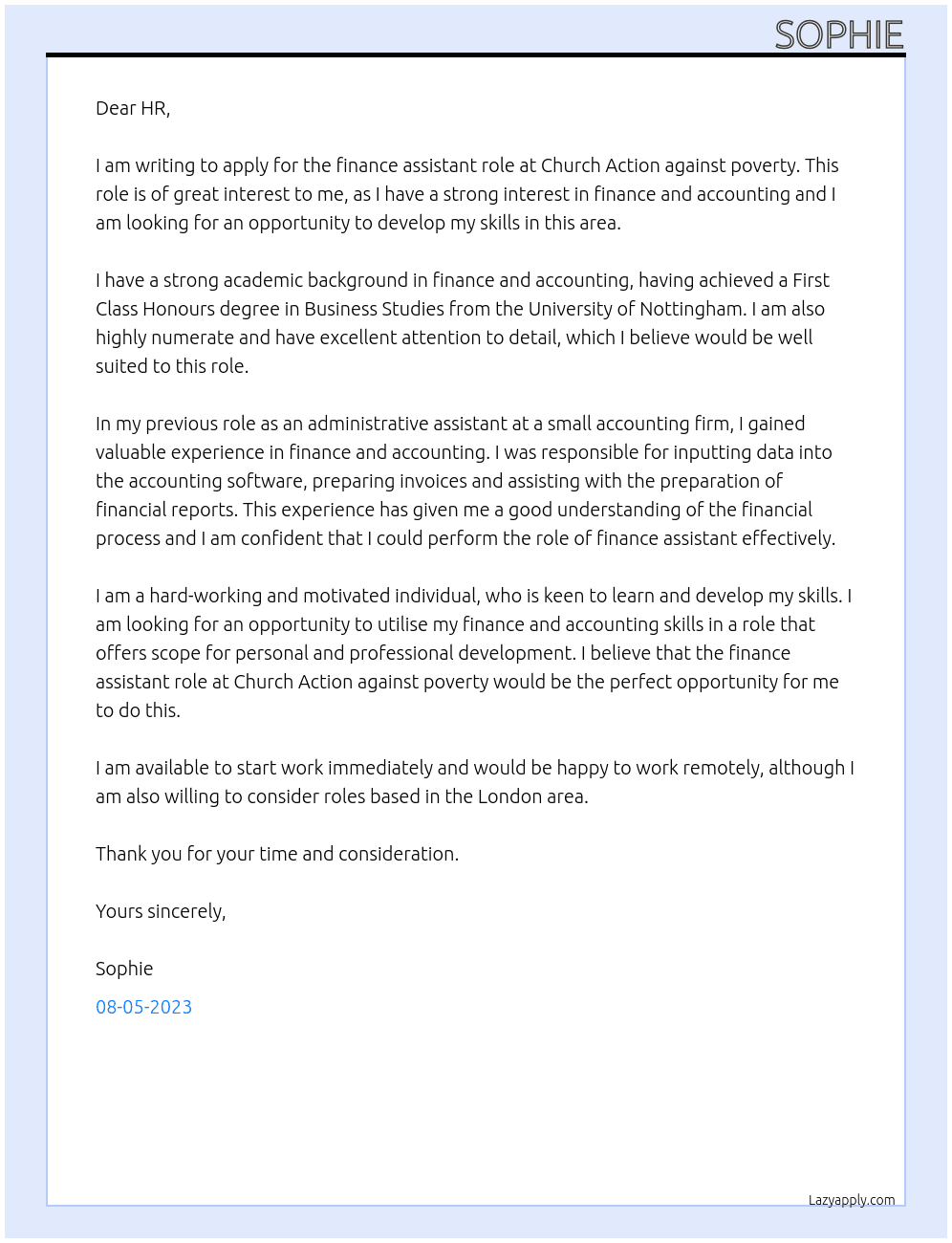 Finance assistant  At Church Action against poverty  Cover Letter