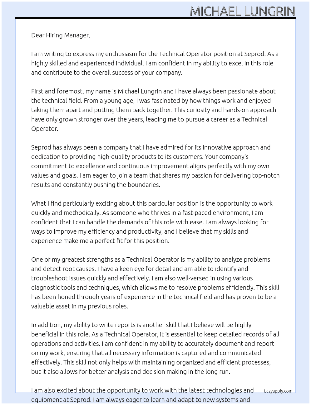 Technical Operator At Seprod Cover Letter
