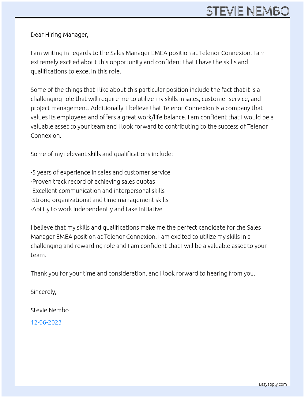 Sales Manager EMEA At Telenor Connexion Cover Letter