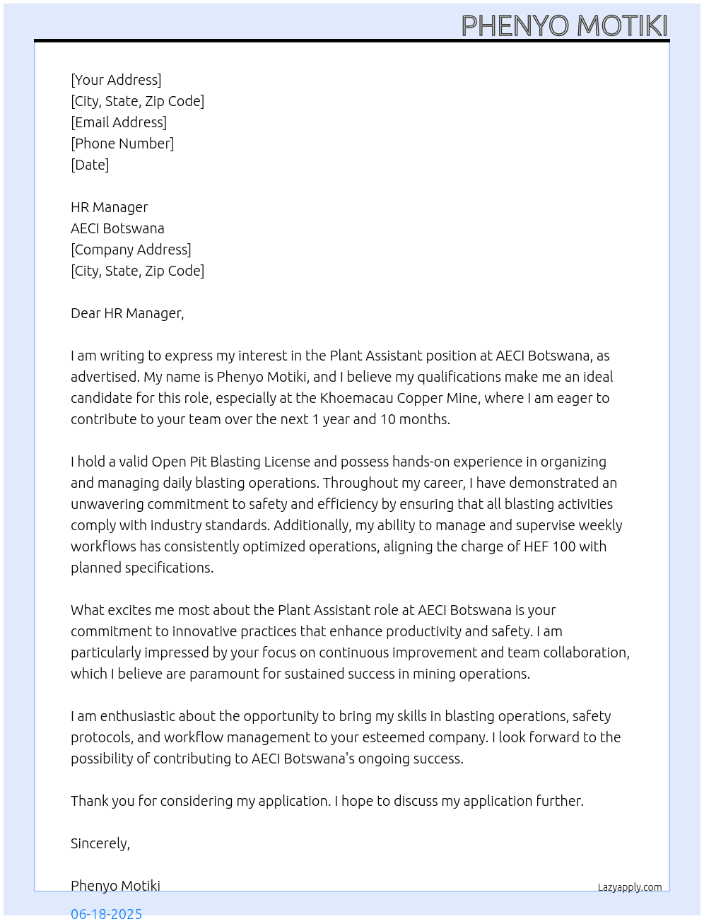 Plant Assistant At AECI Botswana Cover Letter