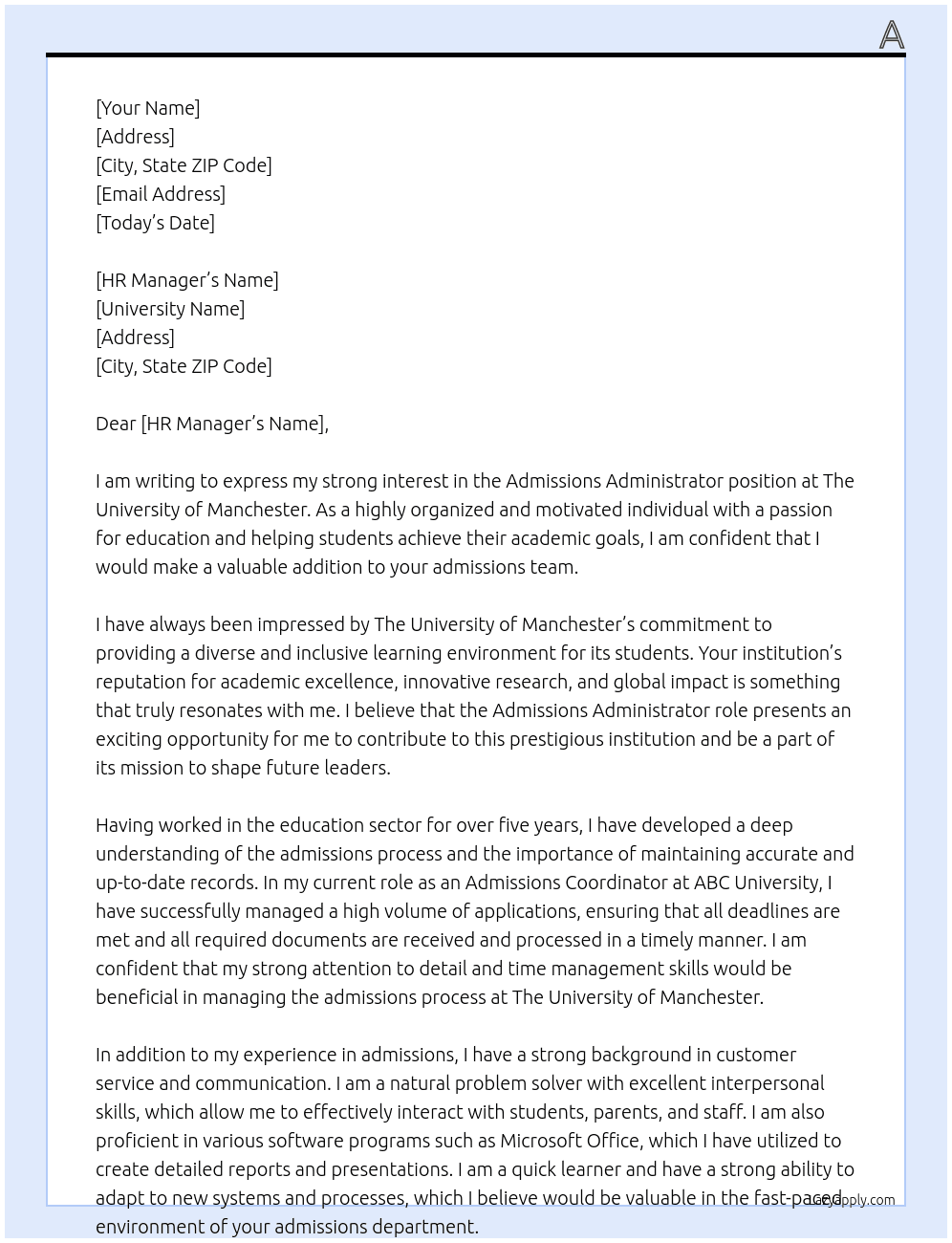 Cover letter for admissions administrator - LazyApply