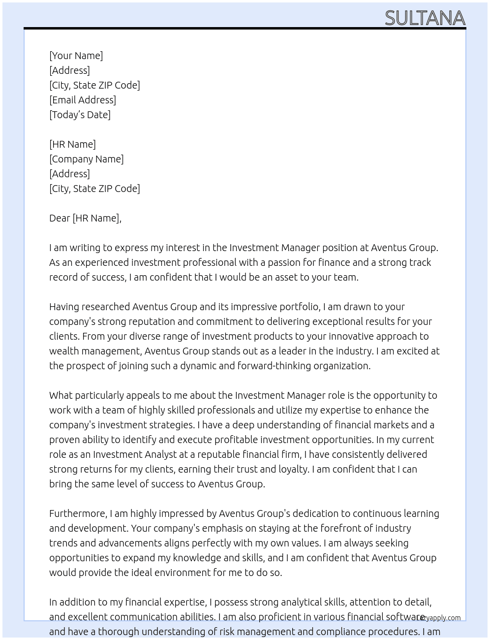 Investment manager At Aventus Group Cover Letter