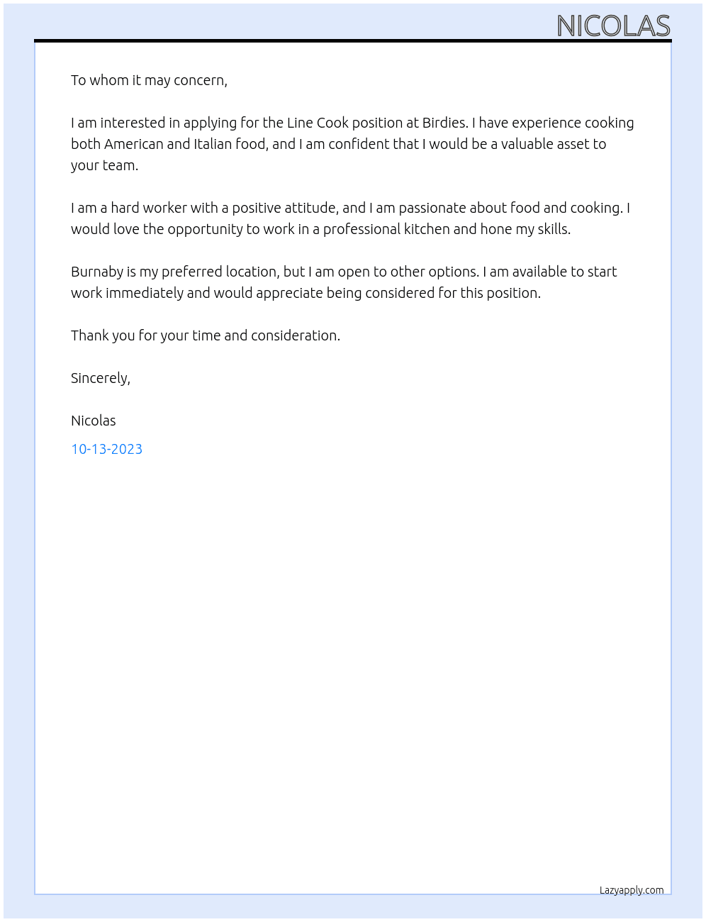 Line Cook At Birdies Cover Letter