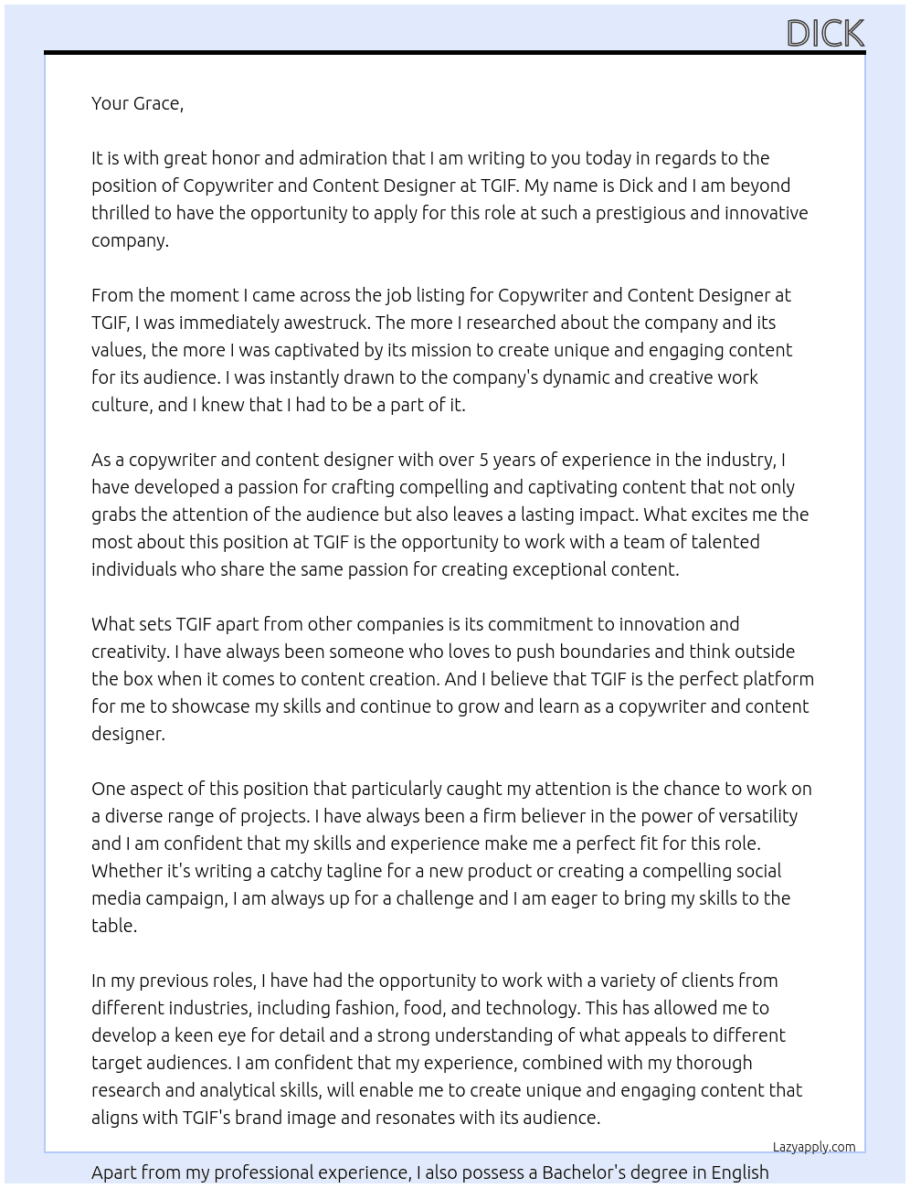 Copywriter and Content Designer At TGIF Cover Letter